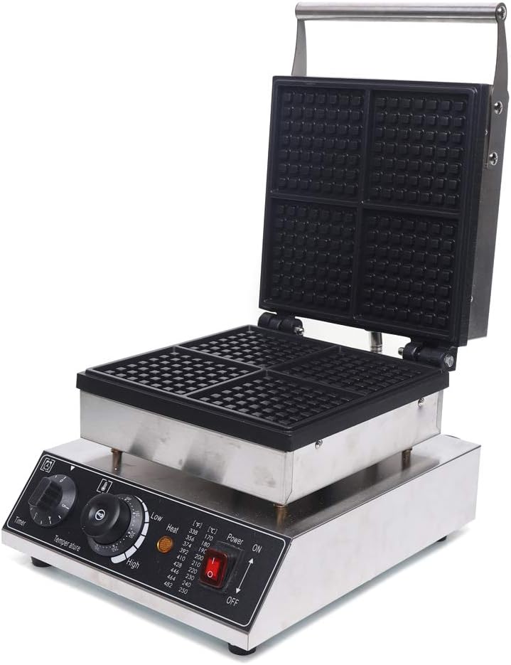 Máquina de Waffles 1750W, No Stick, Control T° y Tiempo, 4 Pcs