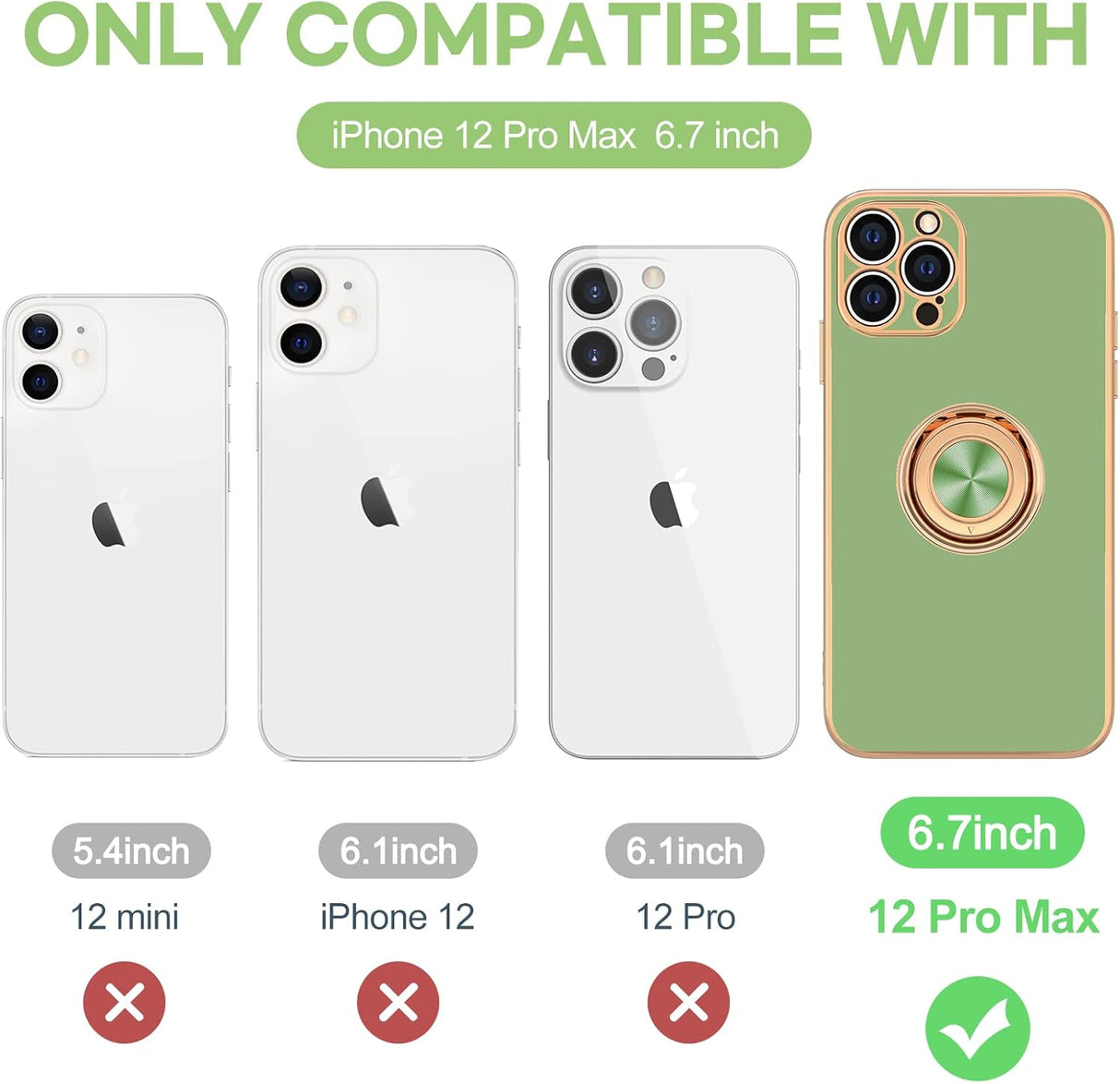 Hython Funda para iPhone 12 Pro Max con soporte de anillo [soporte de anillo giratorio de 360°] [forro de microfibra suave] Carcasa protectora de teléfono con borde de oro rosa, verde claro