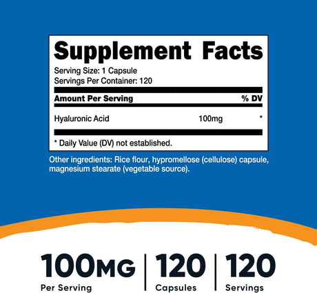 Cápsulas de ácido hialurónico 100 mg 120 cápsulas Nutricost
