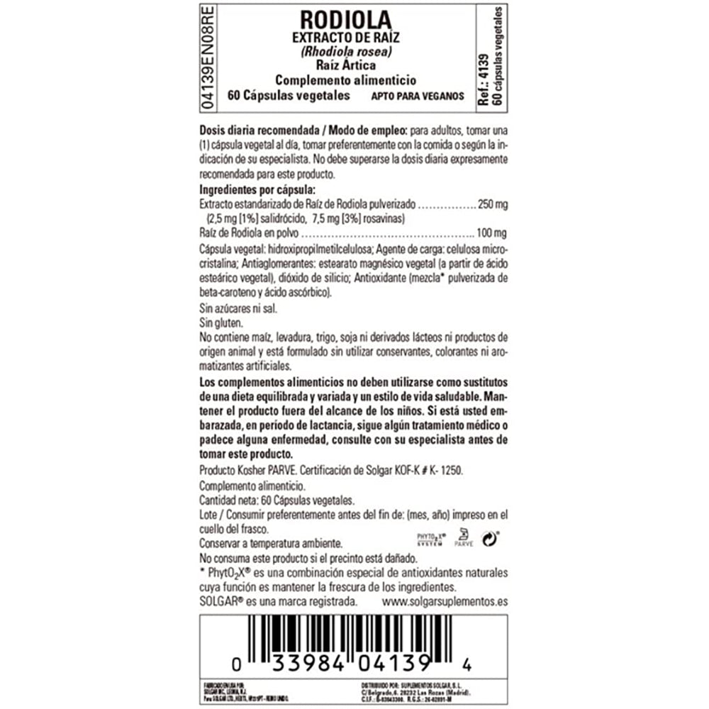 Suplemento Rhodiola Extracto de Raíz 60 Cápsulas Vegetales