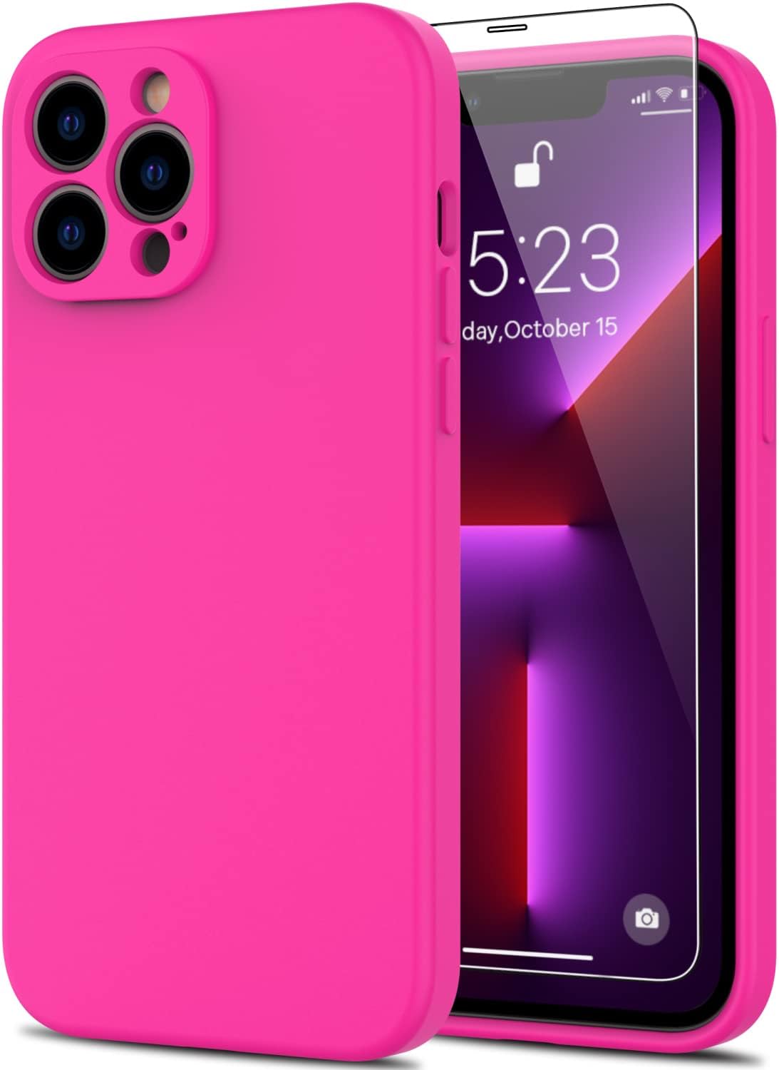 DEENAKIN Funda para iPhone 13 Pro Max con protector de pantalla, cubierta de goma de gel de silicona líquida suave y duradera para iPhone 13 Pro Max de 6.7 pulgadas, color rosa intenso