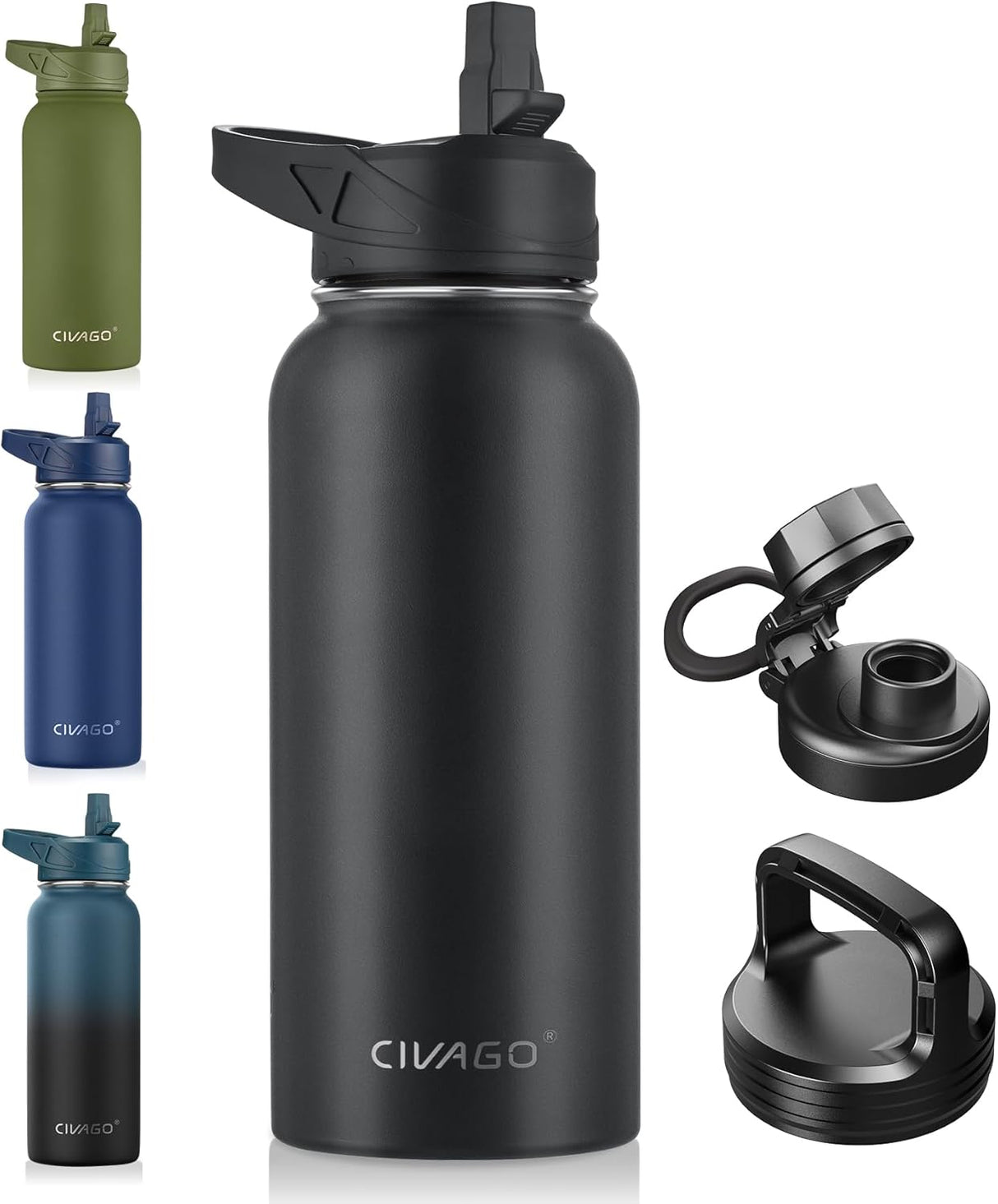 CIVAGO Botella de agua aislada de 32 onzas con pajilla, botella de agua deportiva de acero inoxidable con 3 tapas (pajilla, boquilla y tapa de asa), taza térmica de viaje de boca ancha, negro medianoche