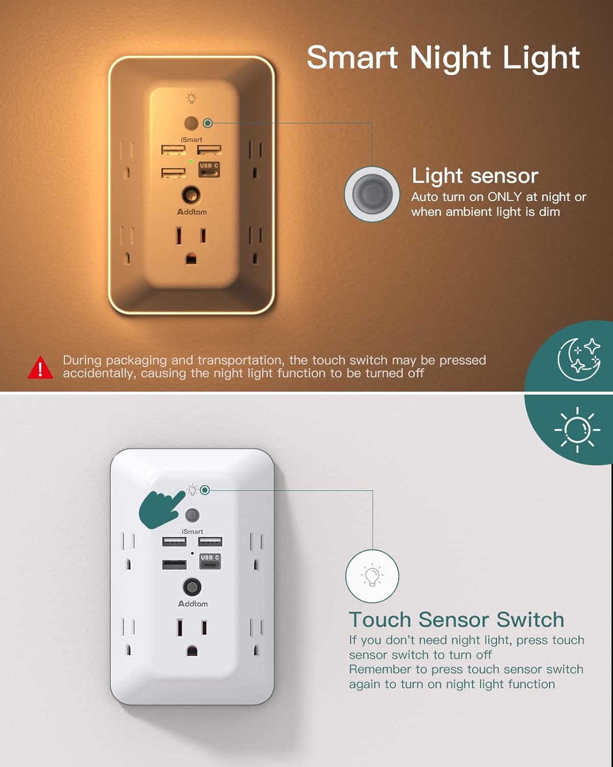 Protector de Sobretensión con USB Addtam 5 Tomas y Luz Nocturna