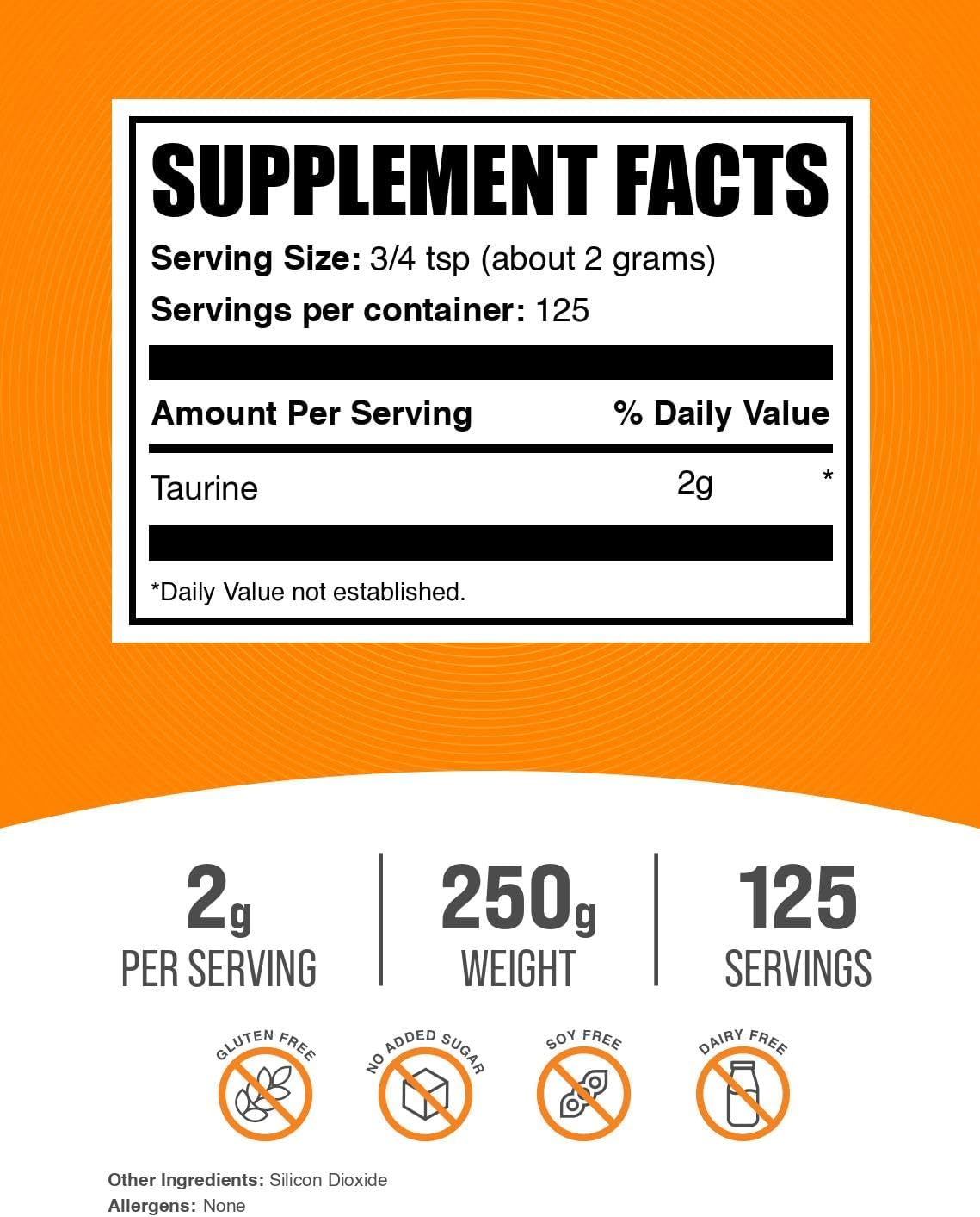 Taurina en Polvo BulkSupplements - Energía, Sin gluten, 250g