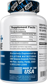Evlution Nutrition Creatina + L-Arginina, Apoyo Muscular, 60Caps