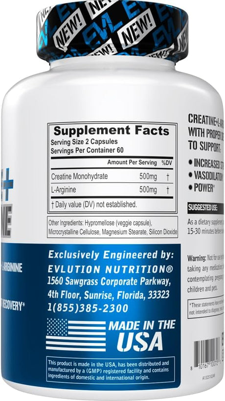 Evlution Nutrition Creatina + L-Arginina, Apoyo Muscular, 60Caps