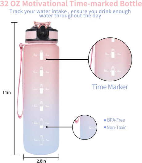 EYQ - Botella de agua con marcador de tiempo, 1 lt, correa para transporte, a prueba de fugas, Tritan sin BPA, para asegurar que bebes suficiente agua al hacer ejercicio, gimnasio, acampar y deportes