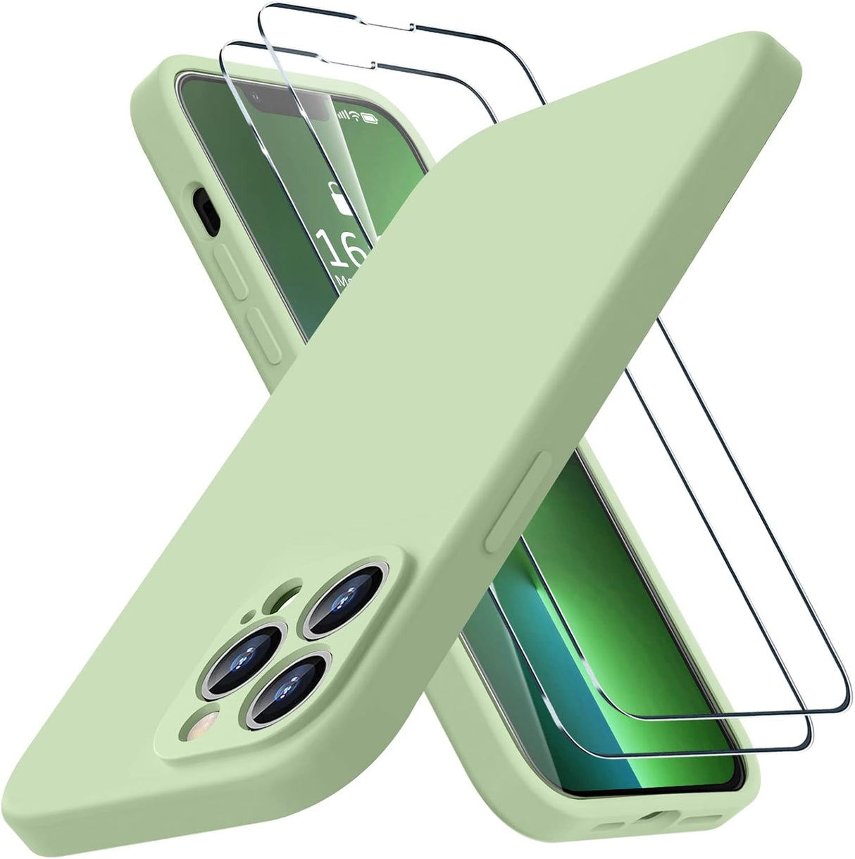BossKiss Funda compatible con iPhone 13 Pro Max, funda de silicona líquida de alta calidad [tacto aterciopelado] [2 protectores de pantalla de vidrio templado 9H], funda de kit de protección completa a prueba de golpes, color matcha