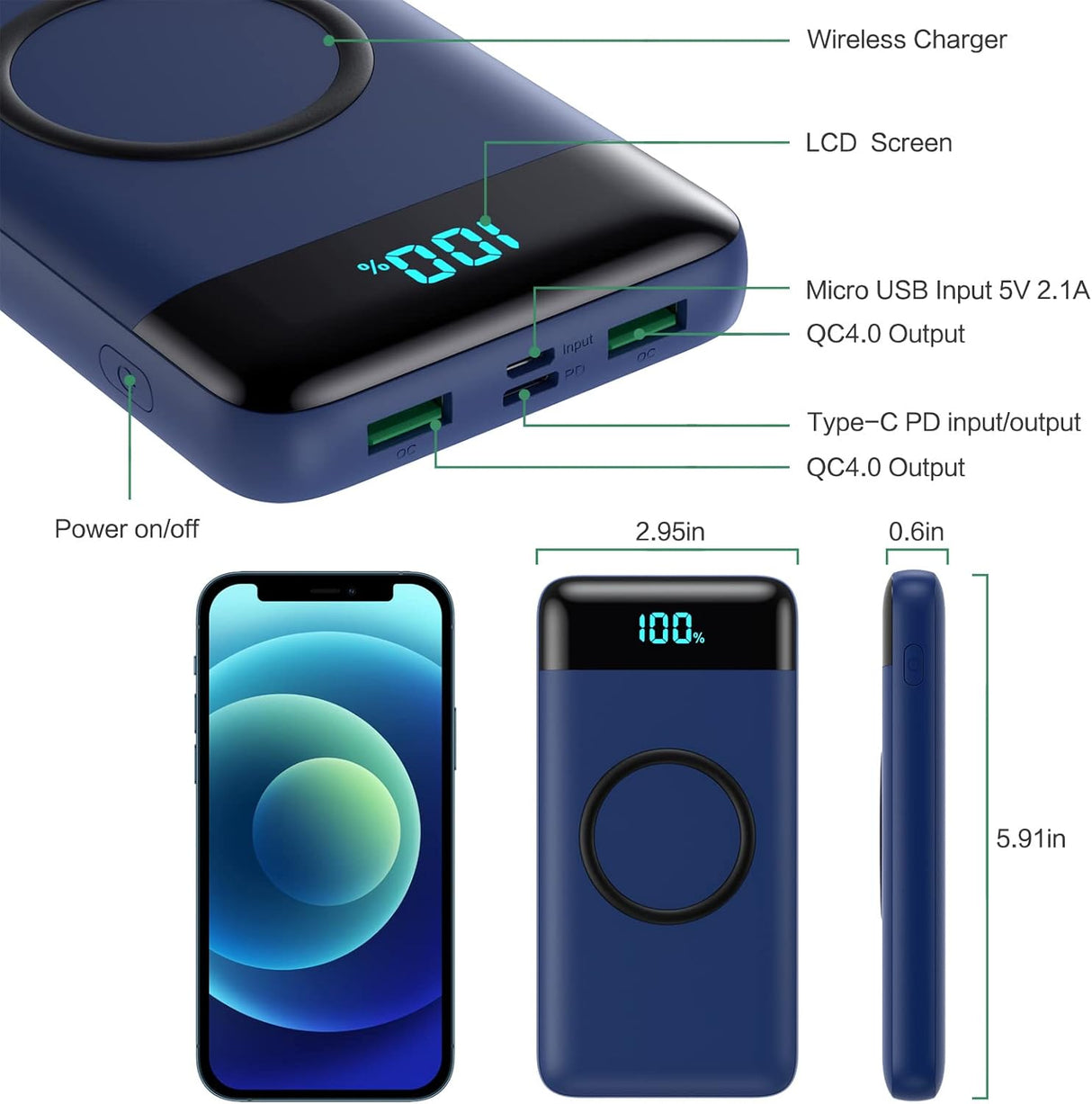Cargador portátil inalámbrico pantalla LED inteligente azul