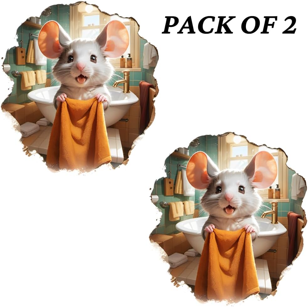 Sticker 3D Ratón en Baño, Pack de 2, Tamaño 4 pulgadas