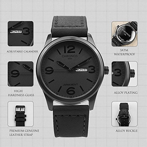 Reloj de pulsera de cuero negro para hombres