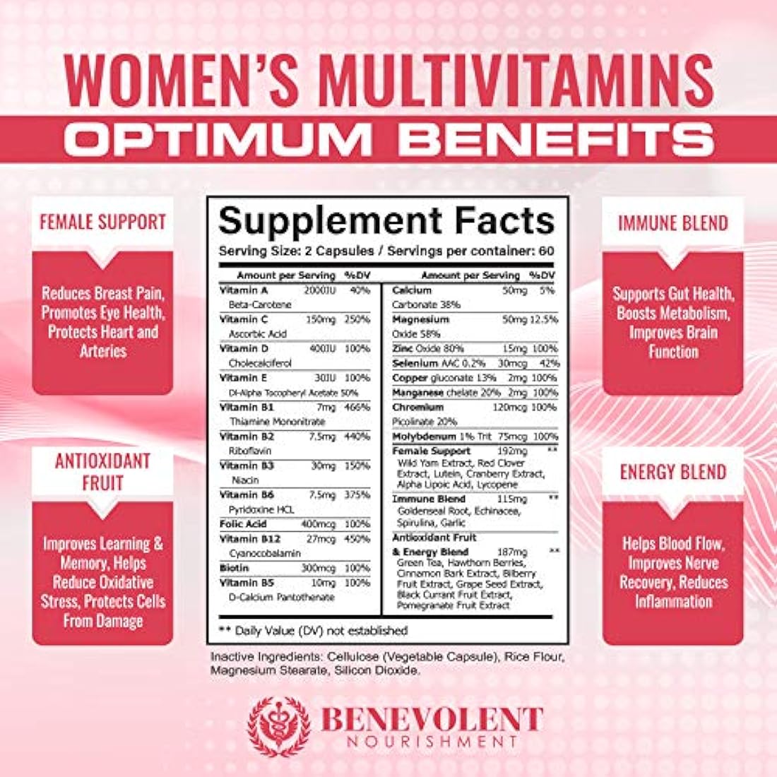 Multivitamina para mujeres - Suplemento para energía, inmunidad y apoyo femenino - Vitaminas diarias para mujeres con biotina, calcio, magnesio - Sin OGM, Multivitamina de mujeres vegetarianas - 120 cápsulas