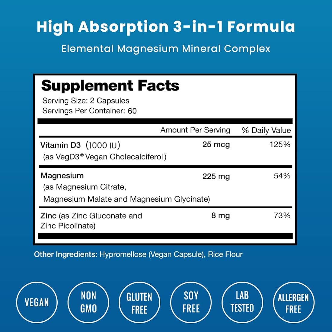 Suplemento de magnesio y zinc y vitamina D3 120 cápsulas