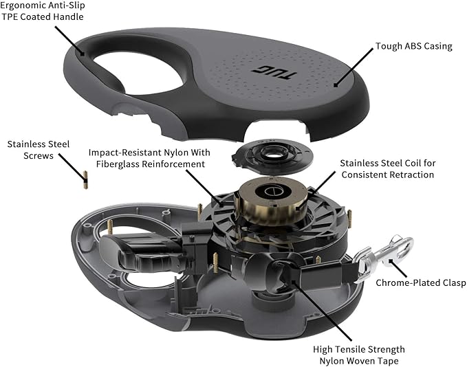 Correa retráctil para perro de 360°, Gris-Negro TUG