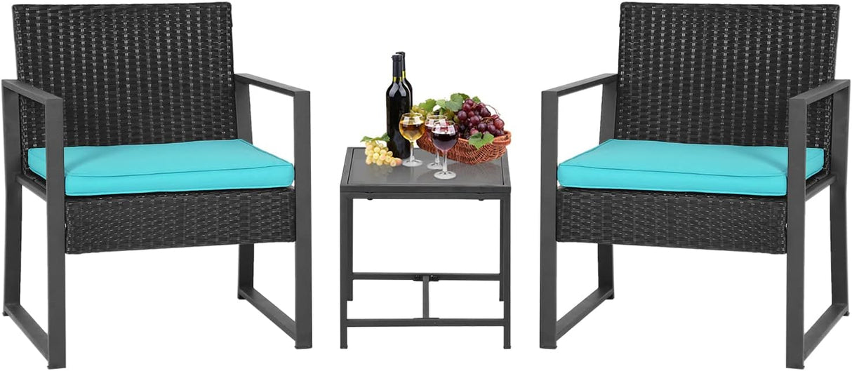 FDW Juego de 3 piezas de muebles de patio para exteriores, sillas de mimbre para patio, muebles de ratán para exteriores, patio, porche, piscina, césped, cojín azul