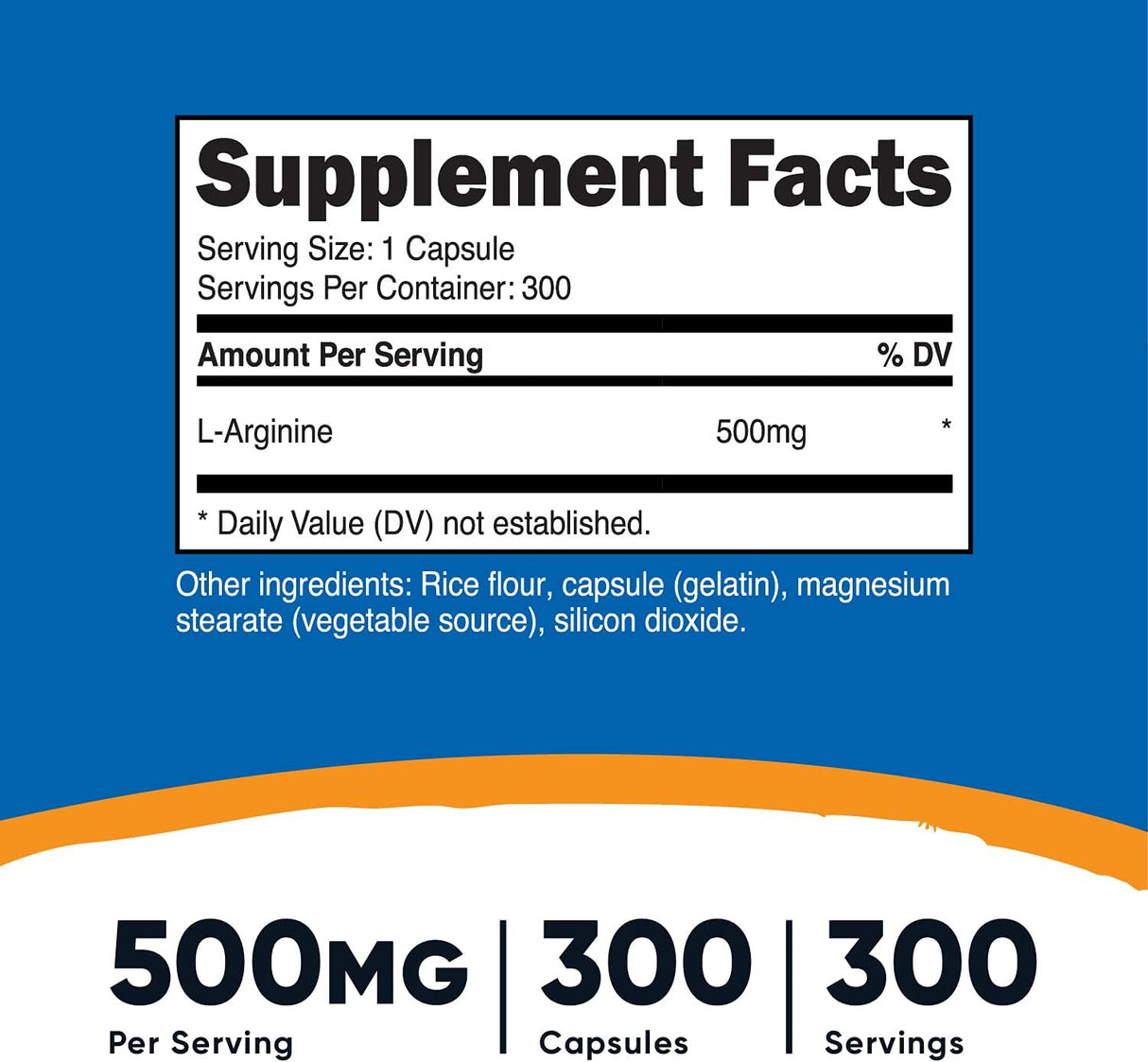 Suplemento L-Arginina 500 mg, 300 cápsulas Sin gluten  OMG