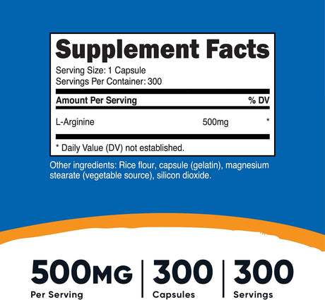 Suplemento L-Arginina 500 mg, 300 cápsulas Sin gluten  OMG