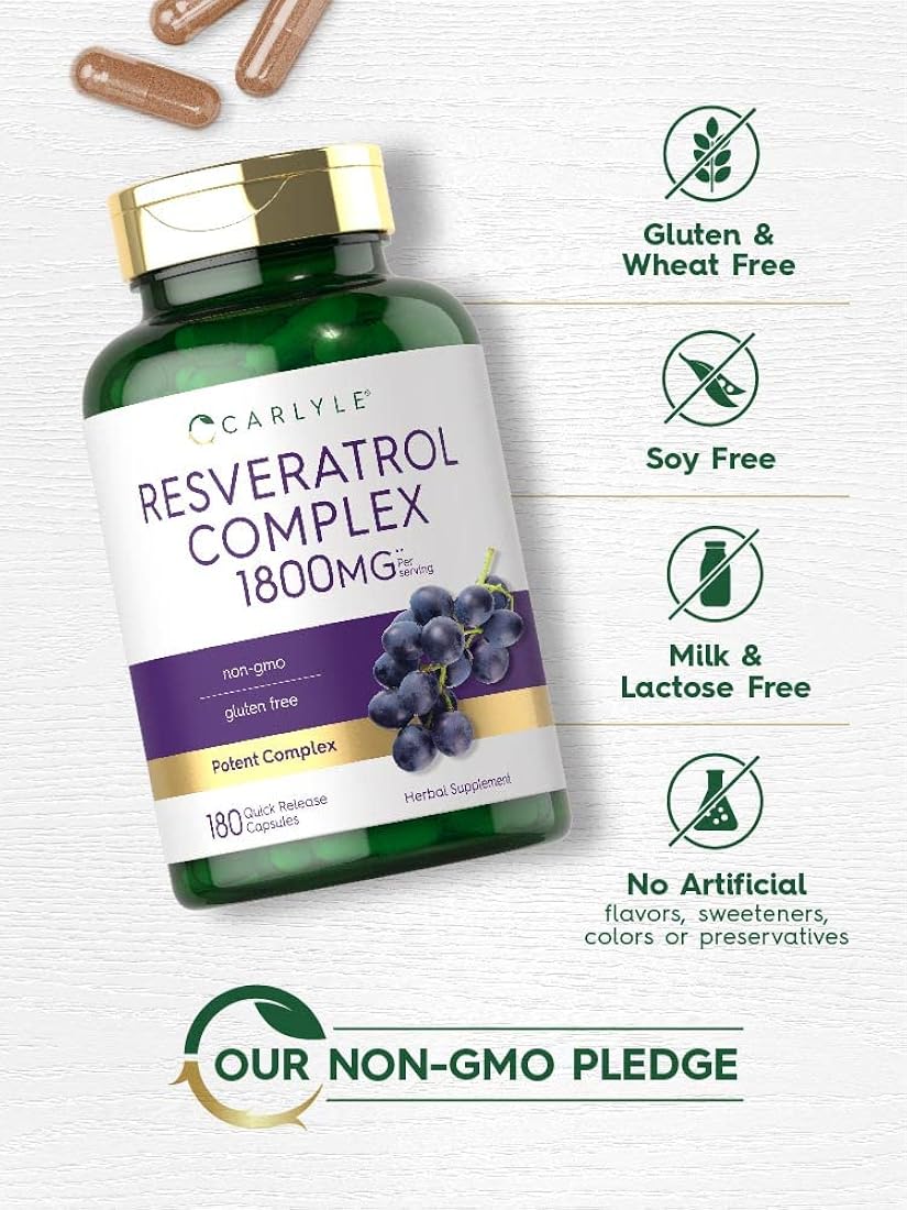 Suplemento Carlyle de resveratrol 1800 mg 180 cápsulas