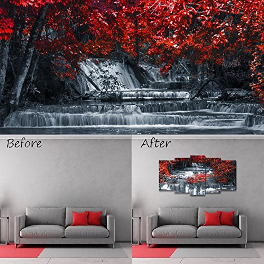 Lienzo decorativo (5 piezas), diseño de árboles, color rojo