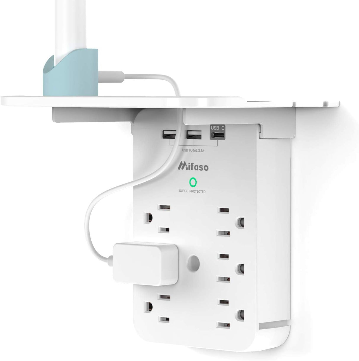 Extensor de toma de corriente de pared con protector de sobretensión, 6 salidas de CA, estante, 2 puertos de carga USB y USB C, expansor de enchufe para el hogar y el dormitorio