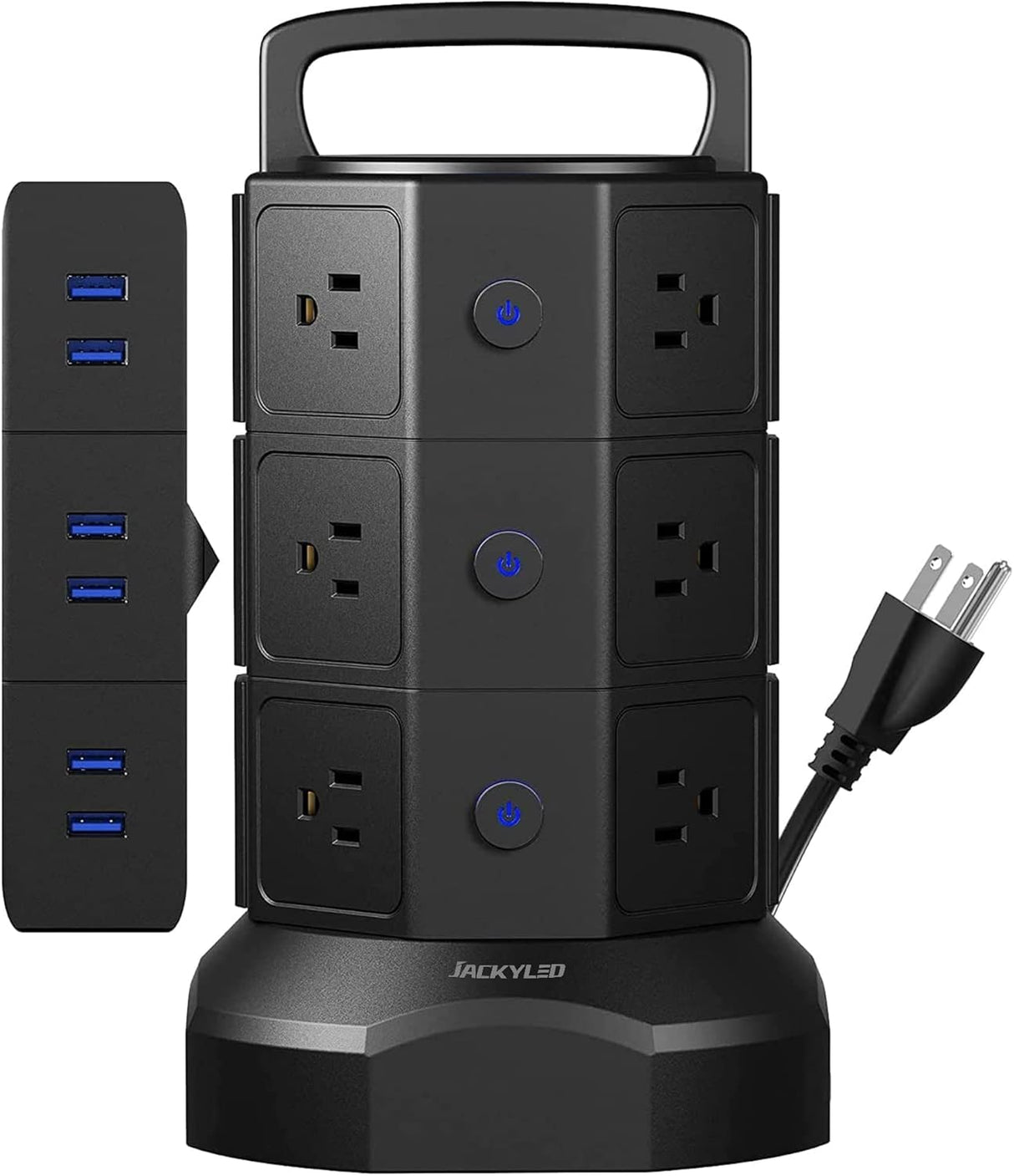 JACKYLED - Regleta de alimentación con protección contra sobretensiones, torre eléctrica de sobretensiones de 1625 W, 13 A, 12 tomas, 6 puertos USB, estación de carga con cable de extensión resistente