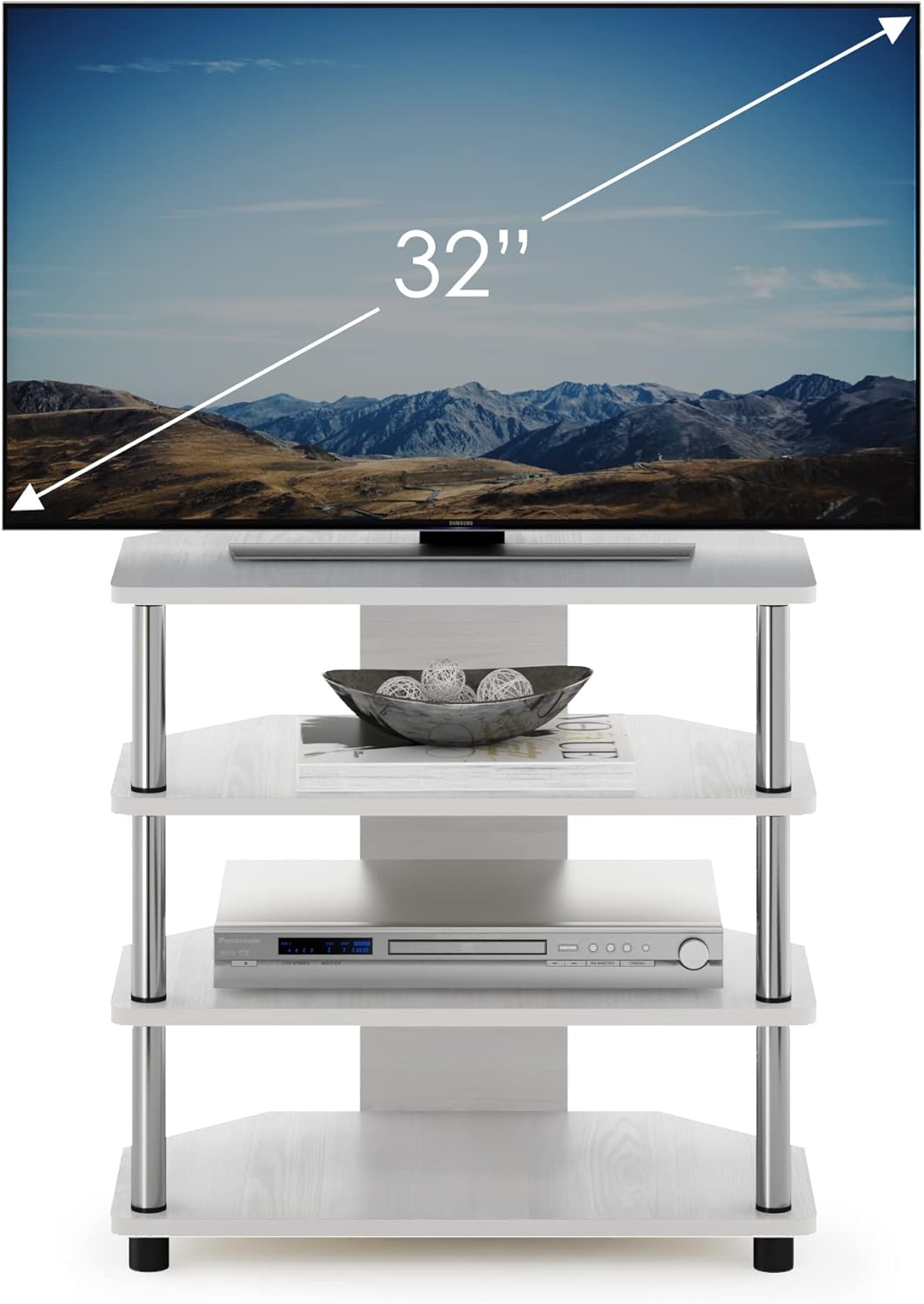 Soporte pequeño para TV con tubos de acero inoxidable, 4 niveles