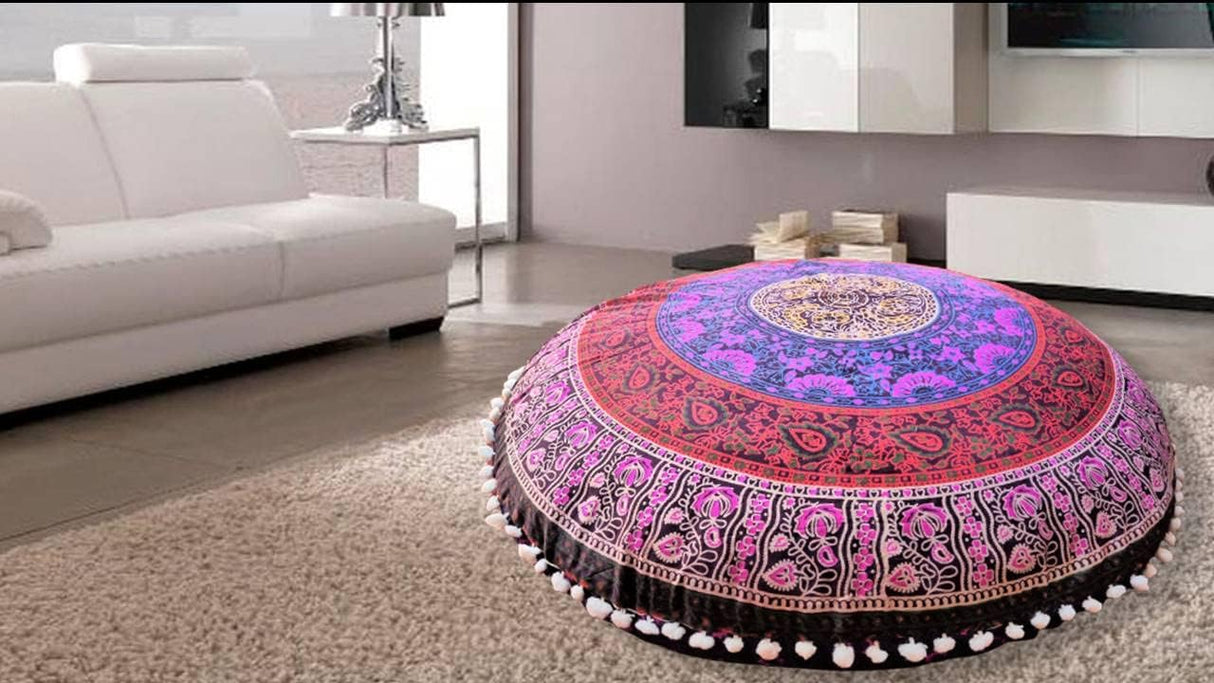 Funda bohemia para cojín, de 32 pulgadas, con diseño de mandala, para meditación, decorativa, otomana, grande, para exteriores, decoración del hogar, decoración de arte en el hogar, redonda, con pompones de algodón, cómoda