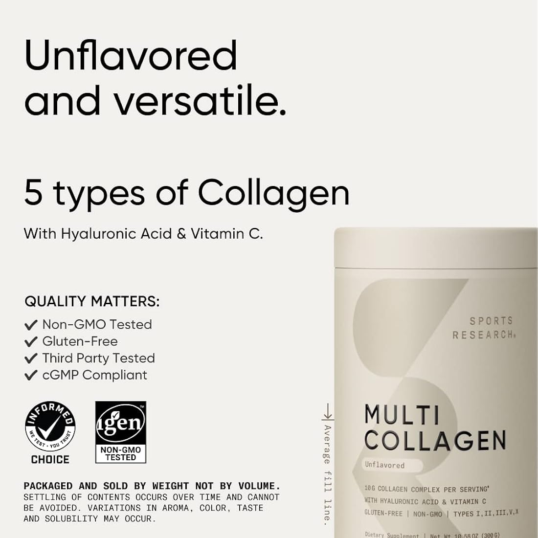 Polvo de proteína de múltiples colágenos (tipo I, II, III, V, X) con ácido hialurónico + vitamina C | 5 tipos de colágeno a base de alimentos, ideal para bebidas de café y proteínas, verificado sin OMG, 30 porciones (sin sabor)