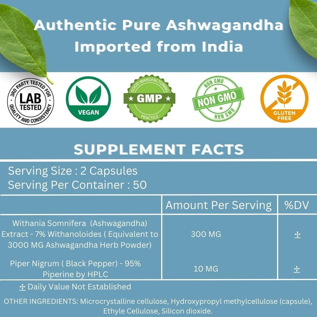 Suplemento Orgánico Ashwagandha 300mg, 100 Cápsulas