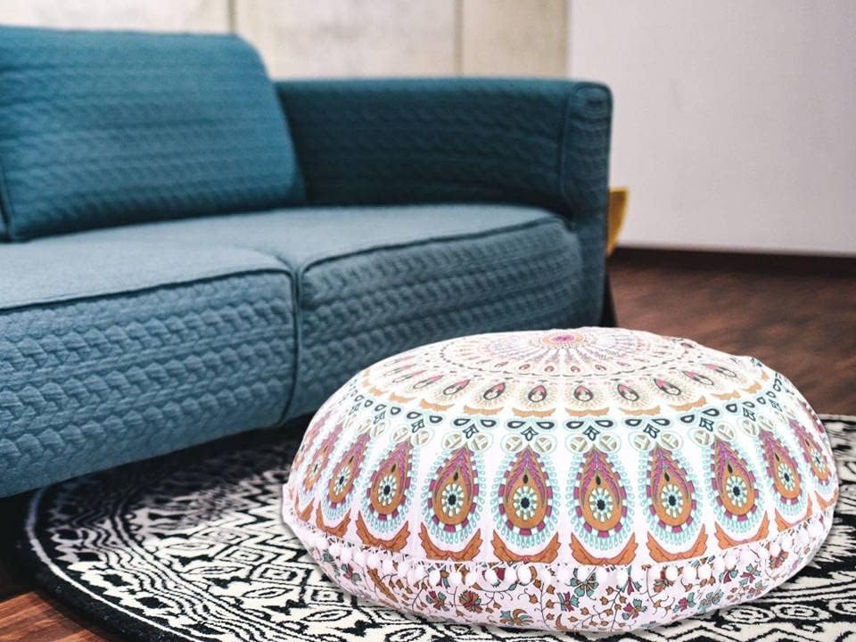 Funda bohemia para cojín, de 32 pulgadas, con diseño de mandala, para meditación, decorativa, otomana, grande, para exteriores, decoración del hogar, decoración de arte en el hogar, redonda, con pompones de algodón, cómoda