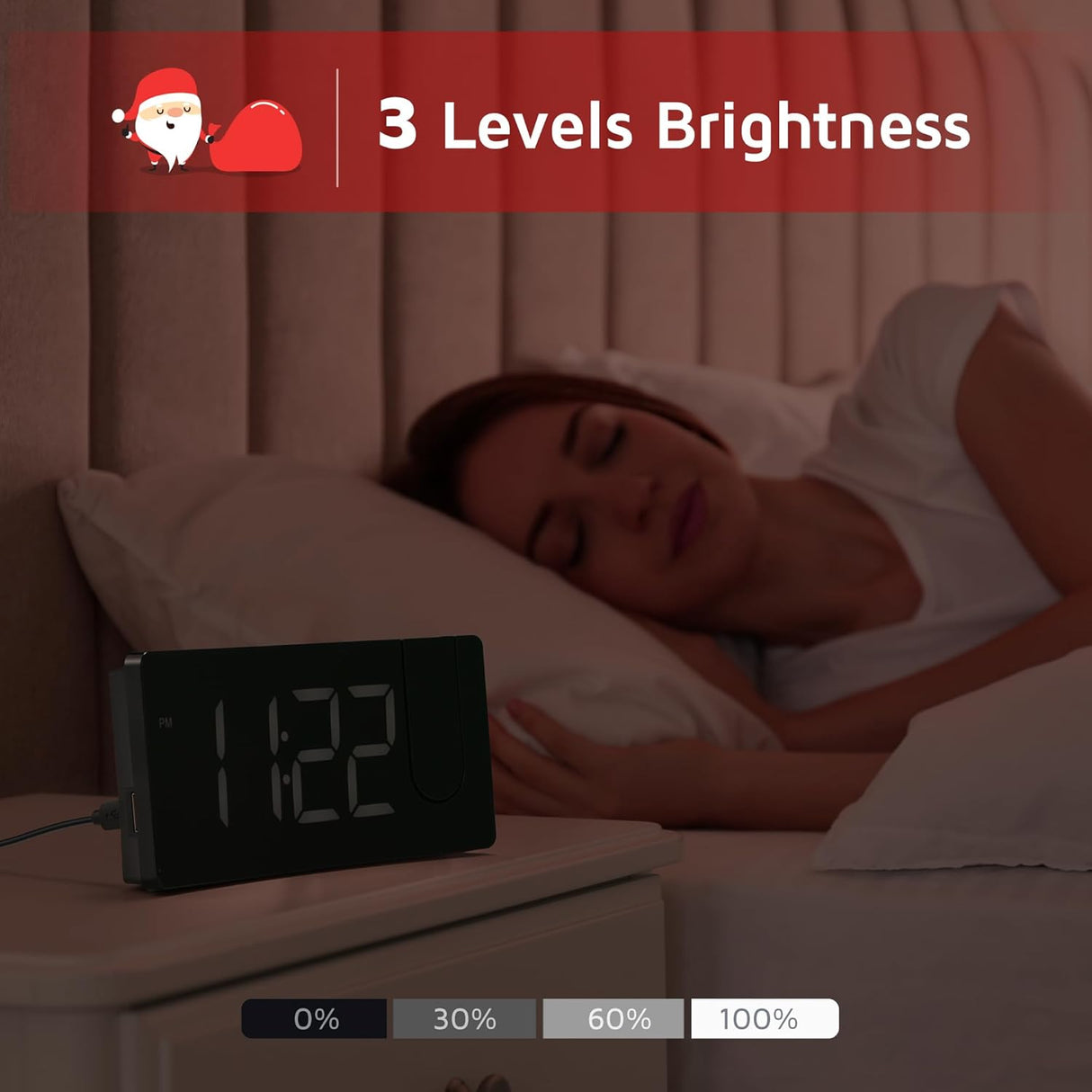 Reloj Despertador Proyector Digital con Cargador USB y Dimmer