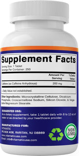 Píldoras de Cafeína Vitamatic 200mg, 250 Tabletas Vegetarianas