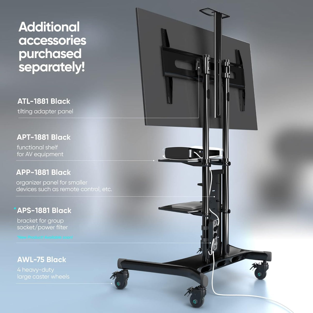 Soporte móvil para TV ONKRON, ajustable, VESA 800x500, 200 lbs