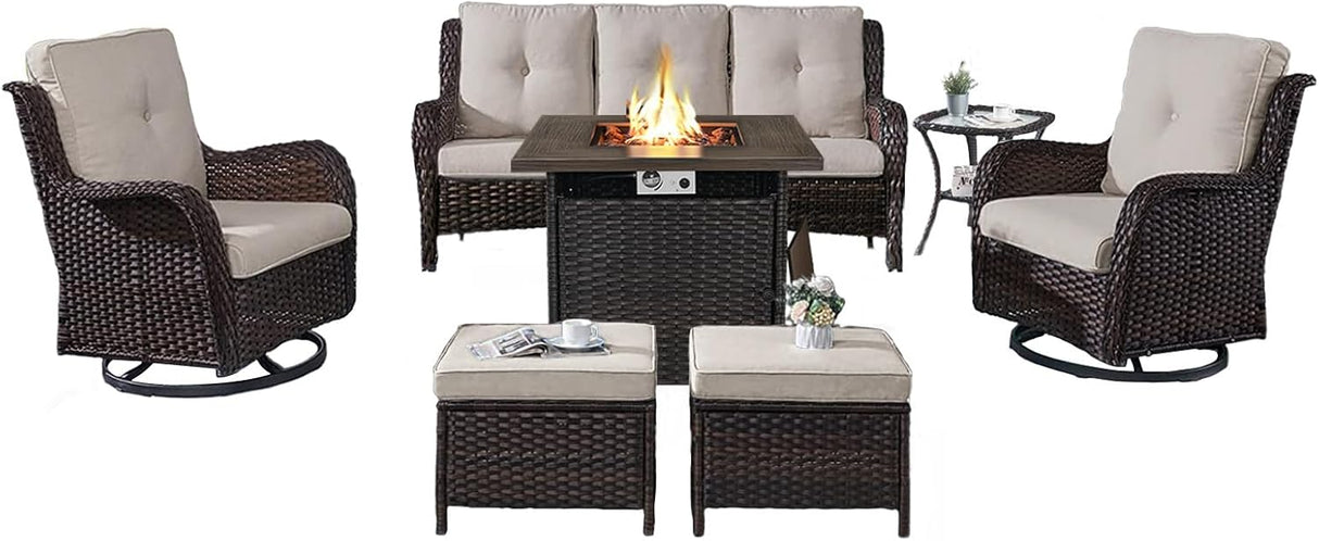 Belord Juego de muebles de patio al aire libre con mesa para fogata de propano, juego de conversación de mimbre de 7 piezas con 2 sillas giratorias mecedoras deslizantes, sofá de ratán, cojín beige,