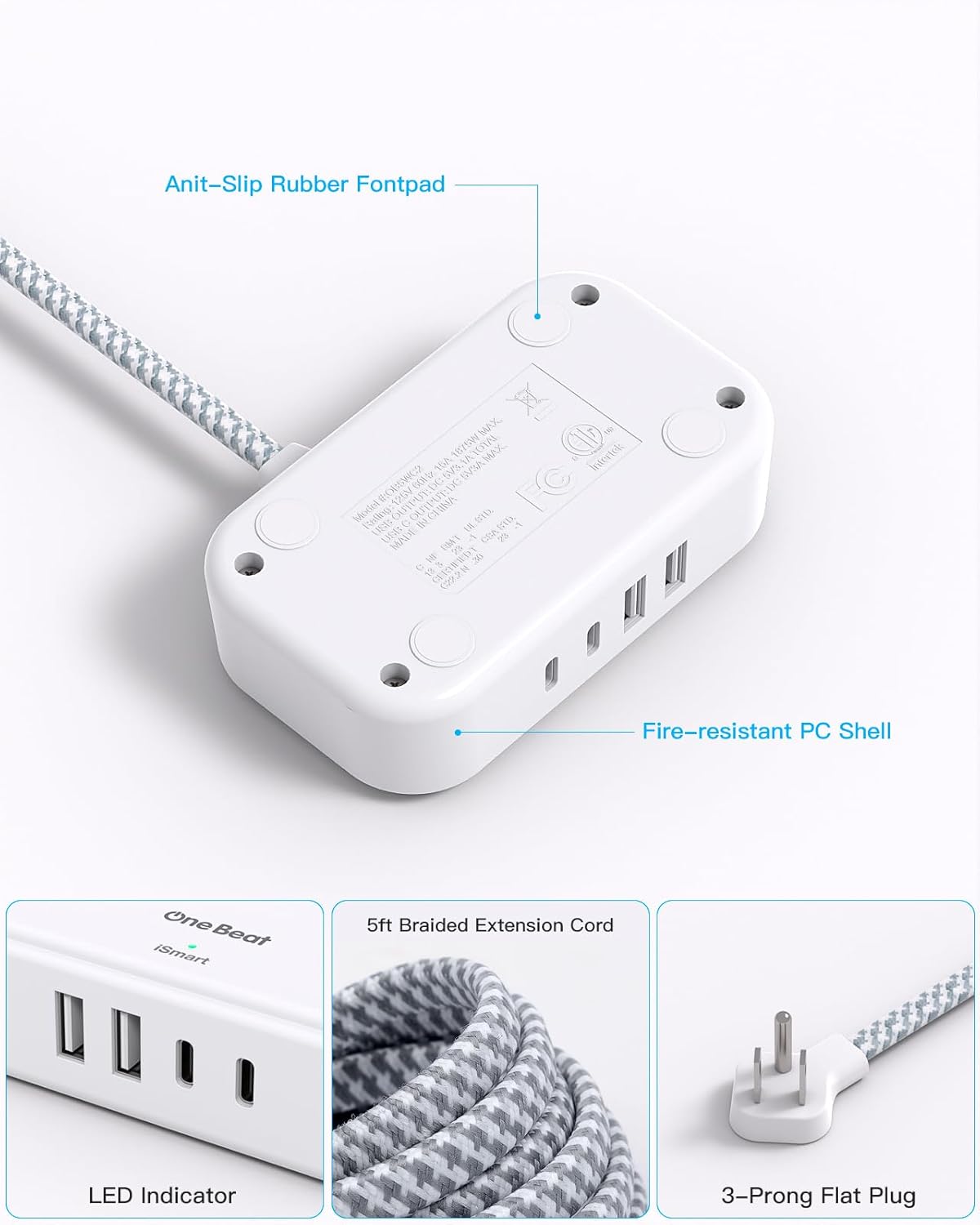 Cruise Essentials, cable de extensión plano de 5 pies, 3 tomas
