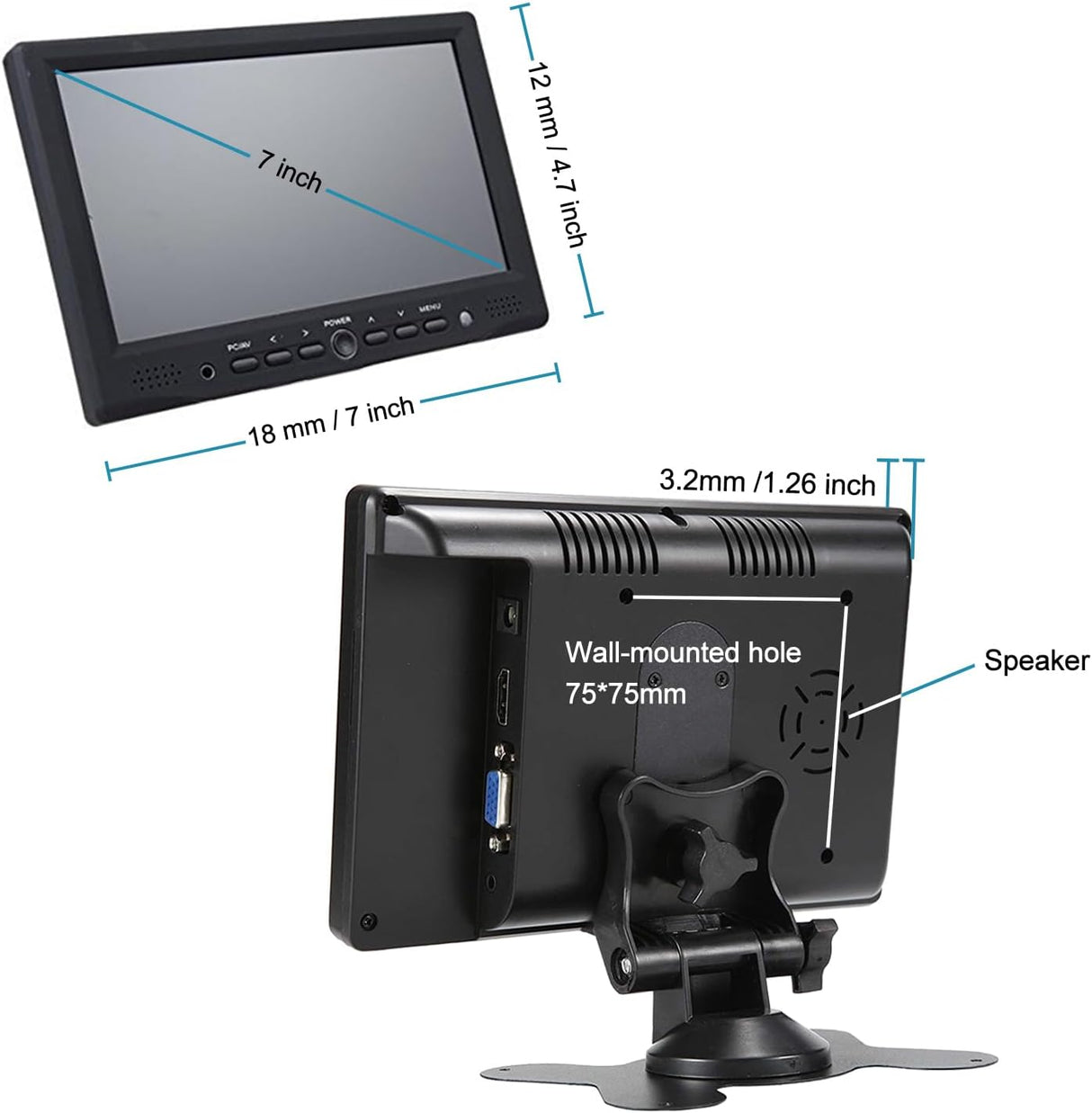 Monitor Mini 7” HD 1080P, Pantalla LCD 1024x600, Portátil