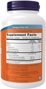 Suplementos Omega-3 NOW Foods, 180 EPA / 120 DHA, 200 Gelcaps