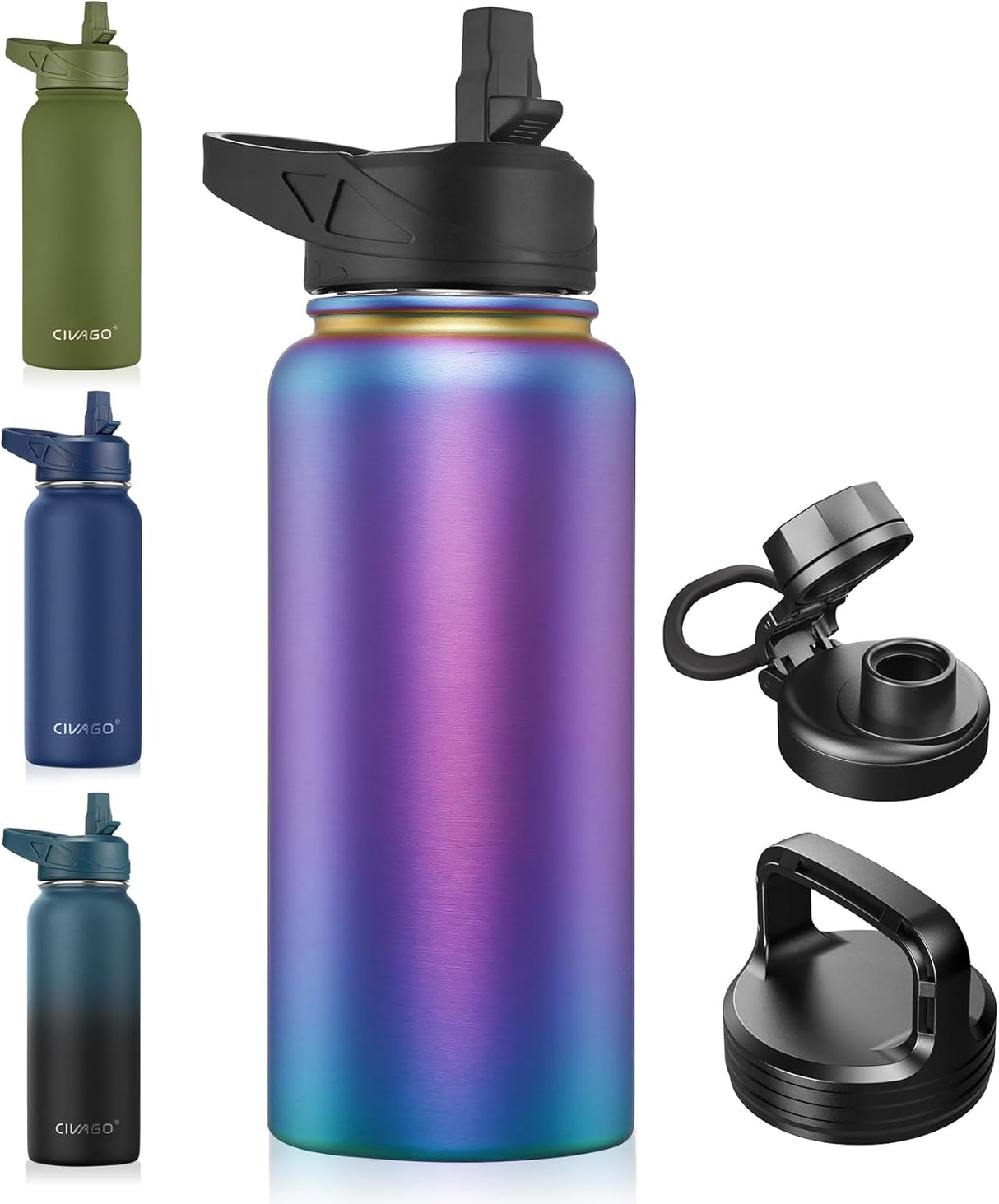CIVAGO Botella de agua aislada de 32 onzas con pajilla, botella de agua deportiva de acero inoxidable con 3 tapas (pajilla, boquilla y tapa de asa), taza térmica de viaje de boca ancha, aurora oscura