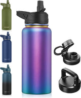 CIVAGO Botella de agua aislada de 32 onzas con pajilla, botella de agua deportiva de acero inoxidable con 3 tapas (pajilla, boquilla y tapa de asa), taza térmica de viaje de boca ancha, aurora oscura