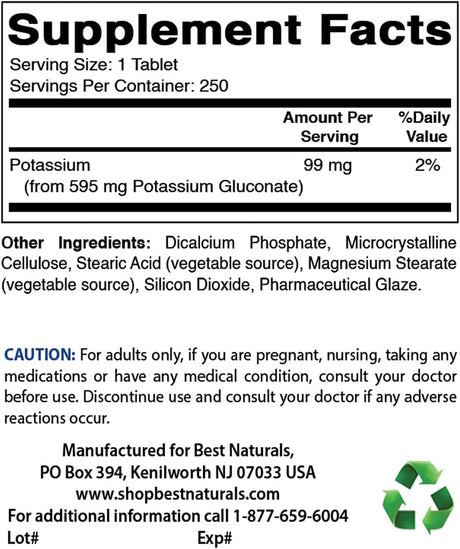 Suplemento de gluconato de potasio 595 mg  250 unidades