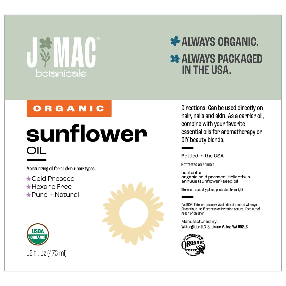 Aceite de girasol orgánico 100% puro J MAC BOTANICALS