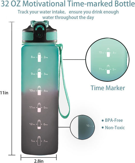 EYQ - Botella de agua con marcador de tiempo, 1 lt, correa para transporte, a prueba de fugas, Tritan sin BPA, para asegurar que bebes suficiente agua al hacer ejercicio, gimnasio, acampar y deportes