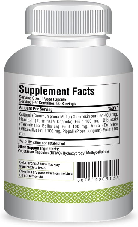 Suplemento Triphala Guggulu Formulación ayurvédica 90 cáp