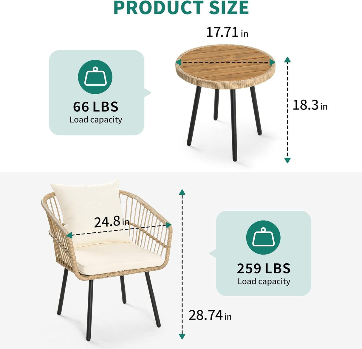 YITAHOME Juego de 3 piezas de mimbre para patio al aire libre, juego de muebles de ratán para todo tipo de clima con mesa y cojines, sofá seccional al aire libre para patio, balcón, patio trasero, terraza