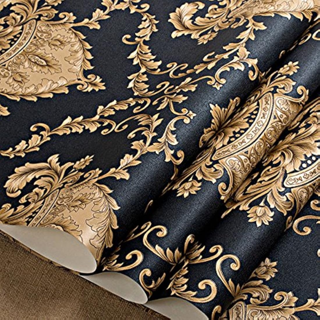 Papel vinilo estilo Damasco negro(1.7 ft x 32.8 ft)