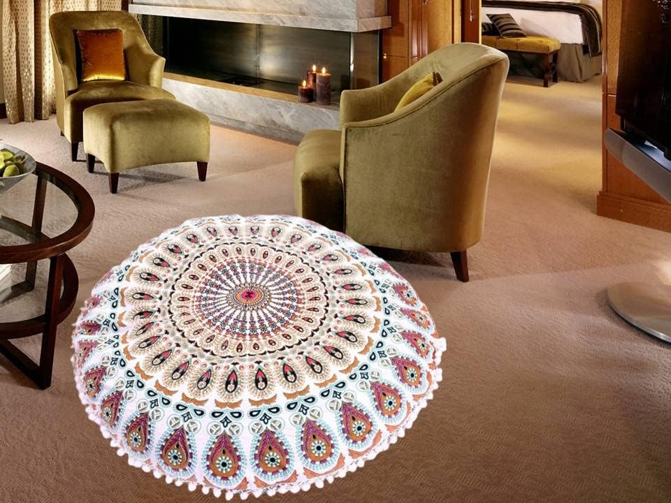 Funda bohemia para cojín, de 32 pulgadas, con diseño de mandala, para meditación, decorativa, otomana, grande, para exteriores, decoración del hogar, decoración de arte en el hogar, redonda, con pompones de algodón, cómoda