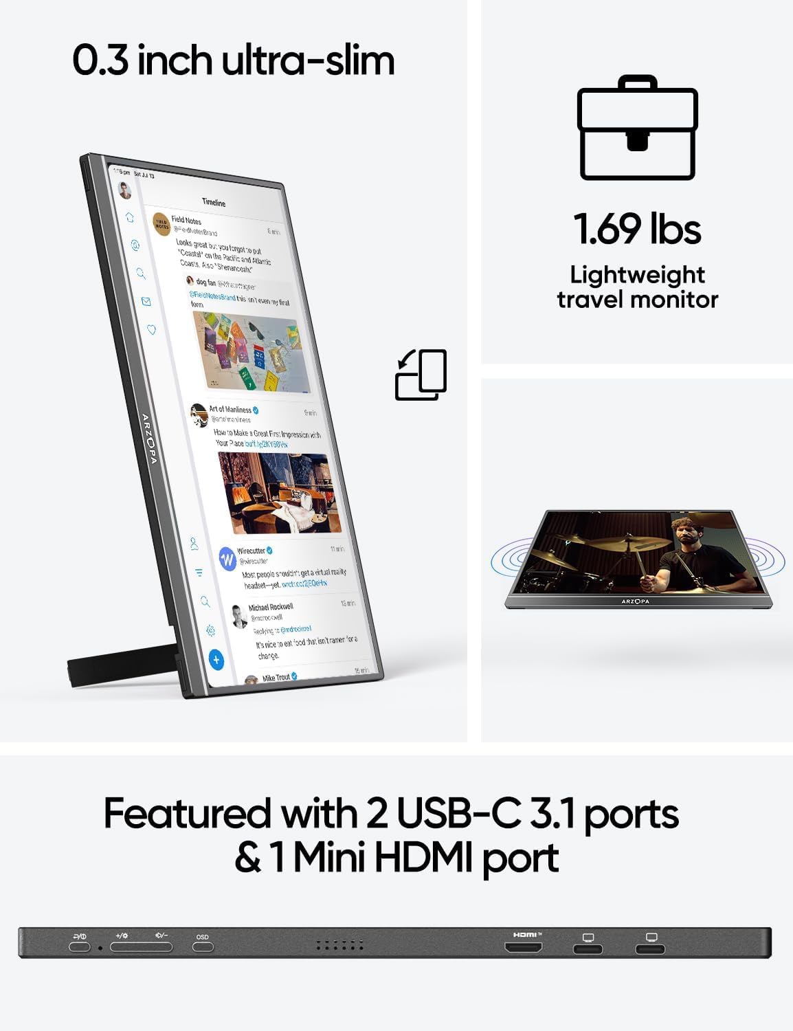 Monitor portátil ARZOPA 17.3 1080P FHD HDMI USB C - A1M