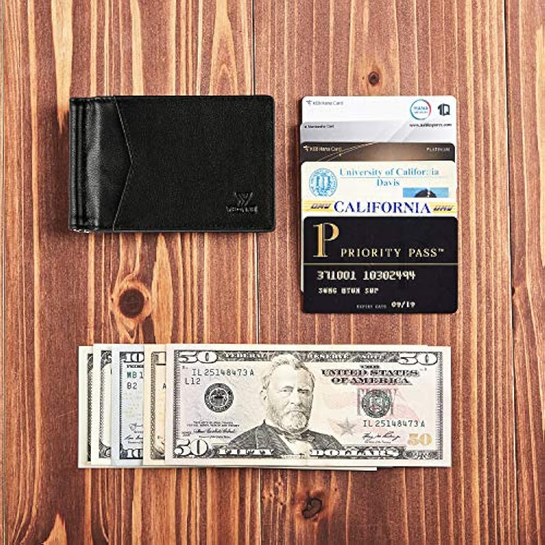 YBONNE - Cartera fina con clip para dinero, de cuero
