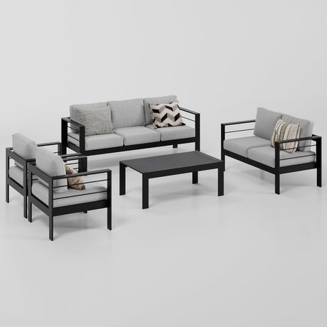 Wisteria Lane Juego de muebles de aluminio para patio, juego de conversación al aire libre, sofá modular de metal con cojín de 5 pulgadas y mesa auxiliar para balcón, patio trasero, jardín, marco
