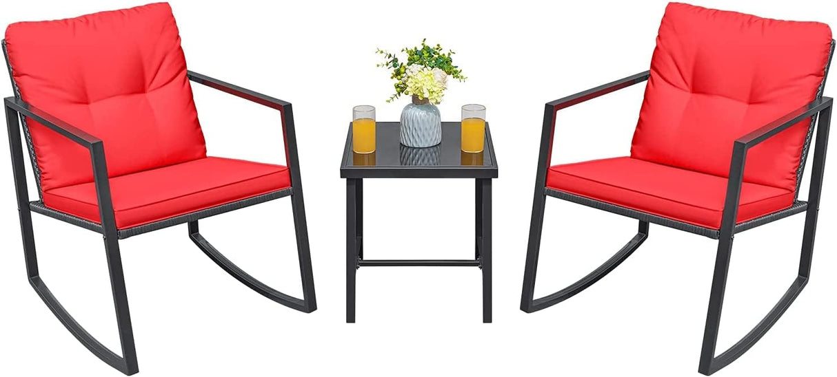 Greesum Juego de 3 piezas de mimbre mecedor, juegos de conversación de muebles de patio al aire libre con sillas de porche y mesa de café de cristal, color rojo